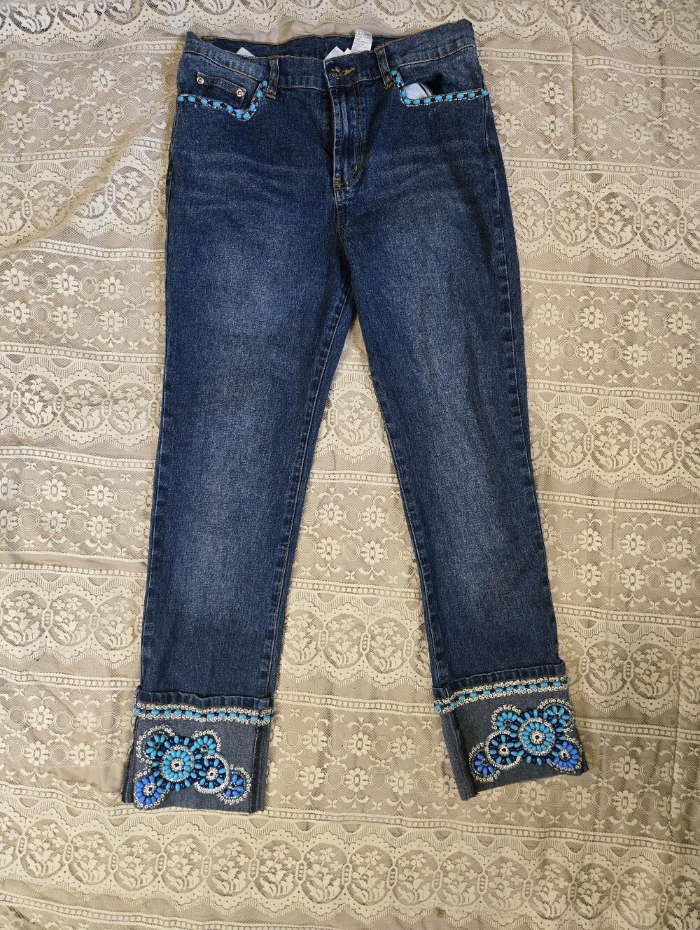 DG2 Diane Gilman Turquoise Beaded Cuff Cropped Jeans Sz 6T Tall